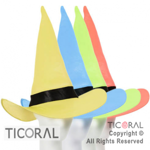 SOMBRERO BRUJA FLUO CON TIRA FLUO O NEGRA COLORES SURTIDOS